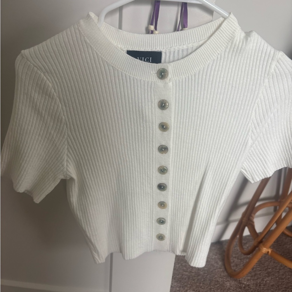 Vici Cream Ribbed Short Sleeve Button Down Shirt
